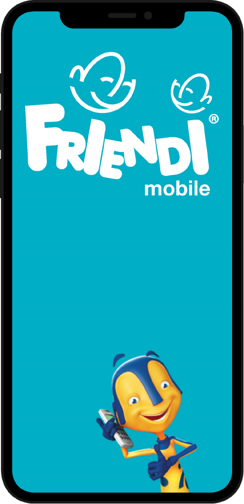 Friendi Mobile welcome screen with logo and mascot
