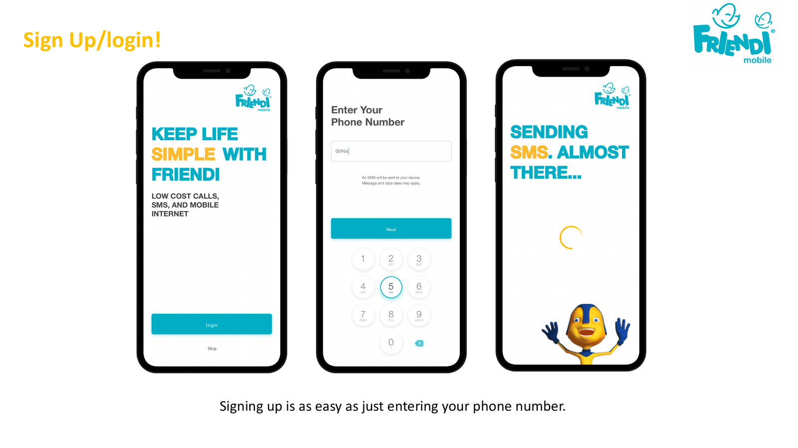 Friendi Mobile sign-up and login screens