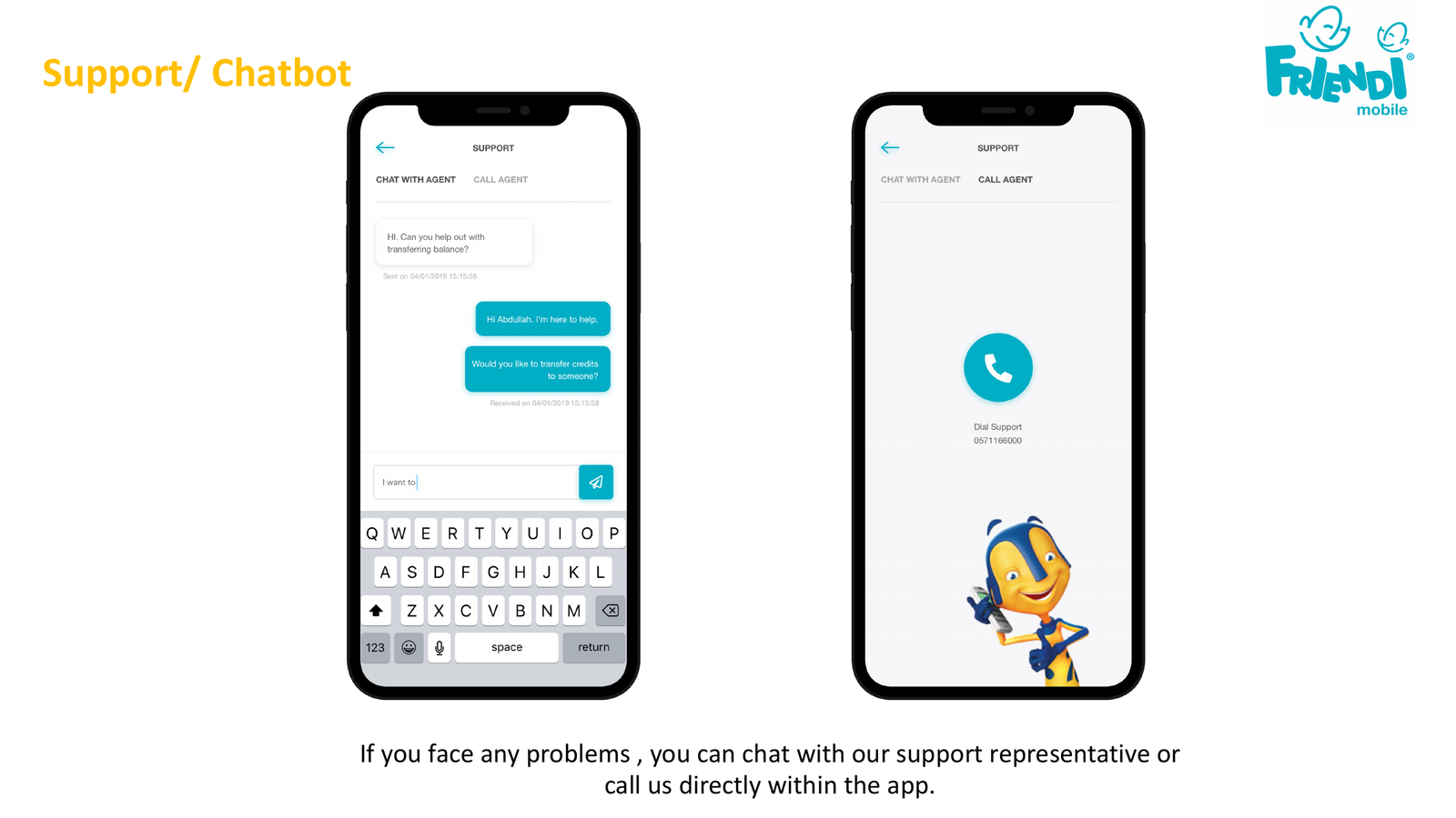 Friendi Mobile support and chatbot screens