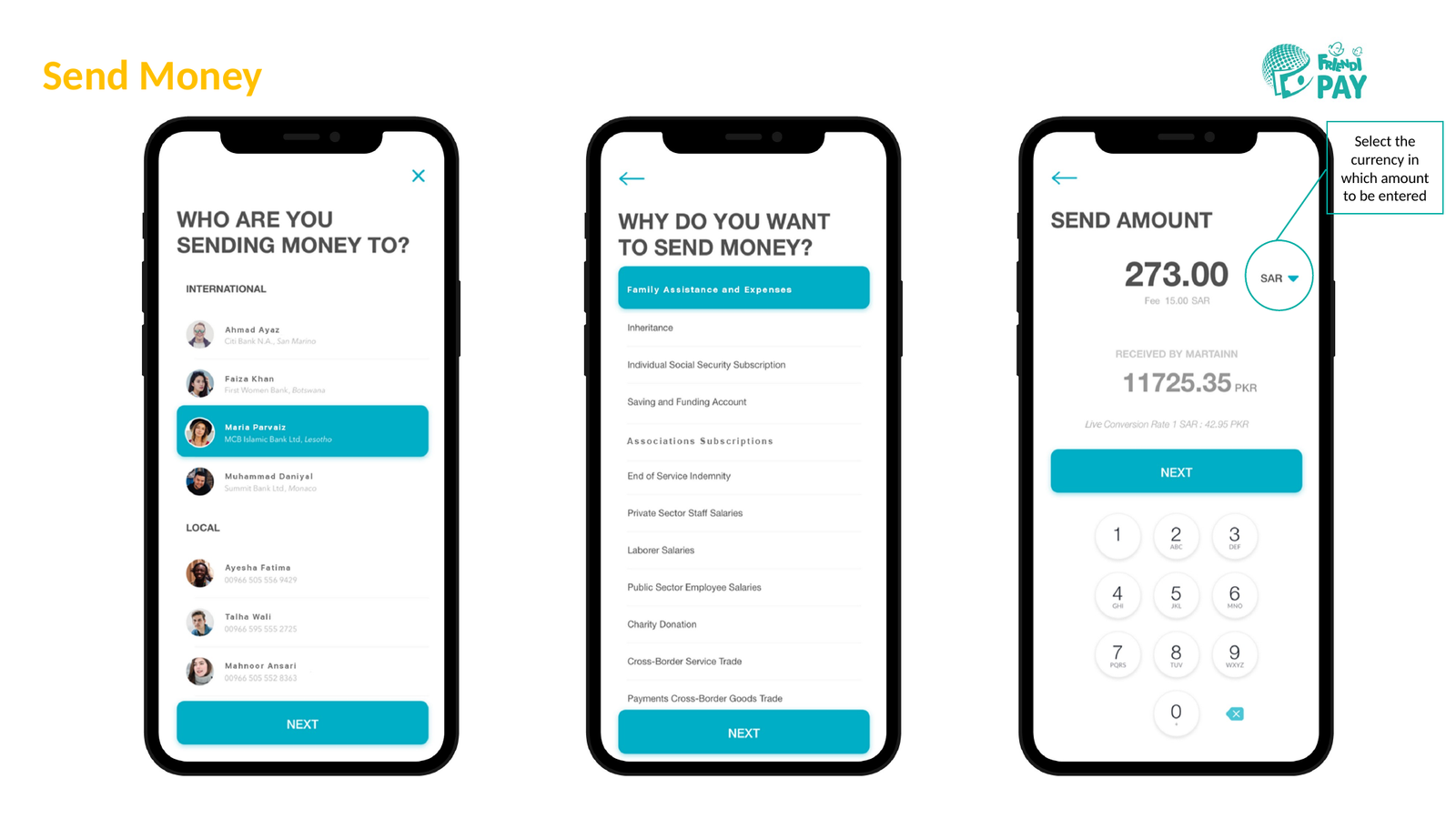 Friendi Pay remittance app transfer flow