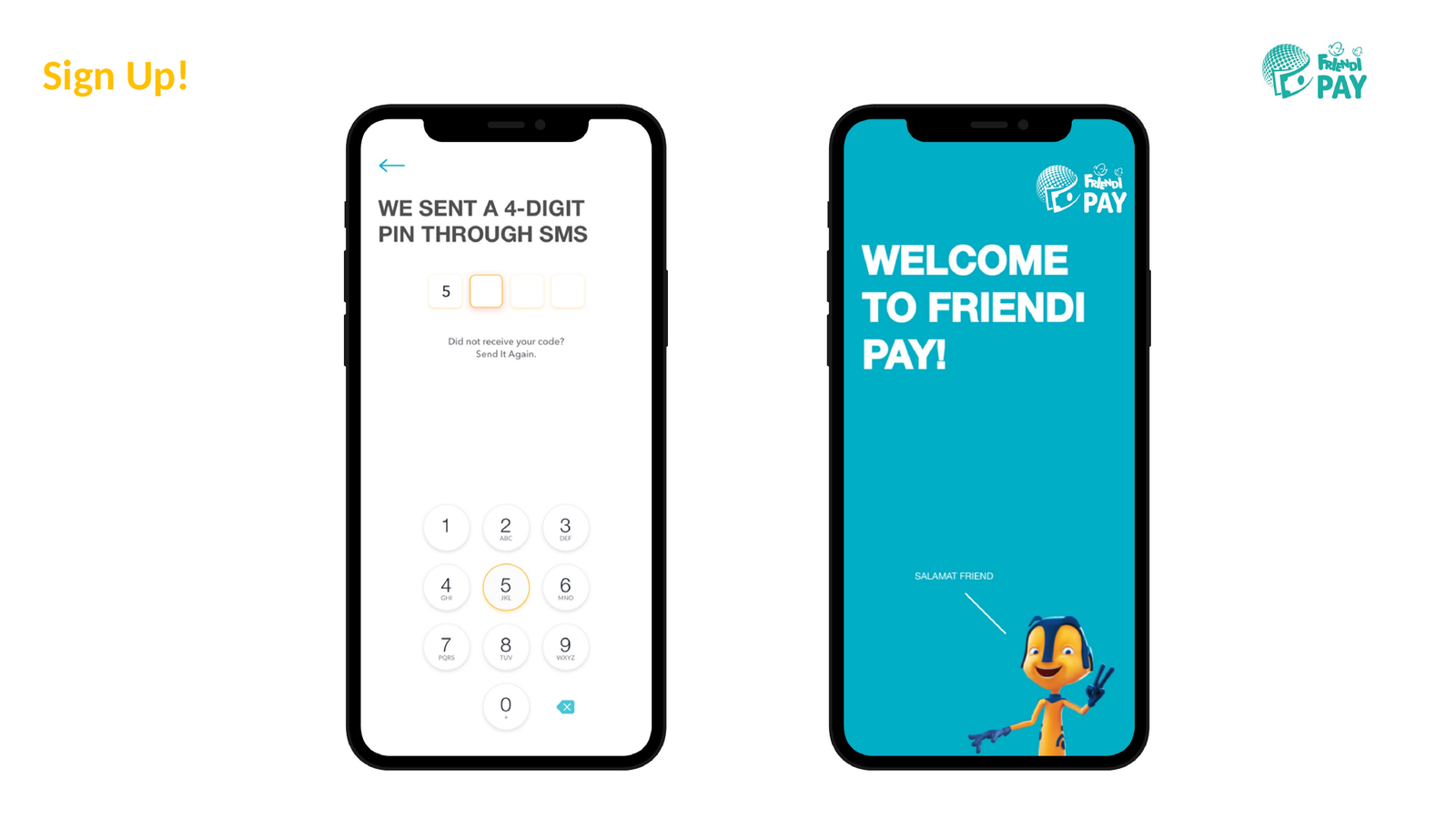 Friendi Pay sign-up verification screens