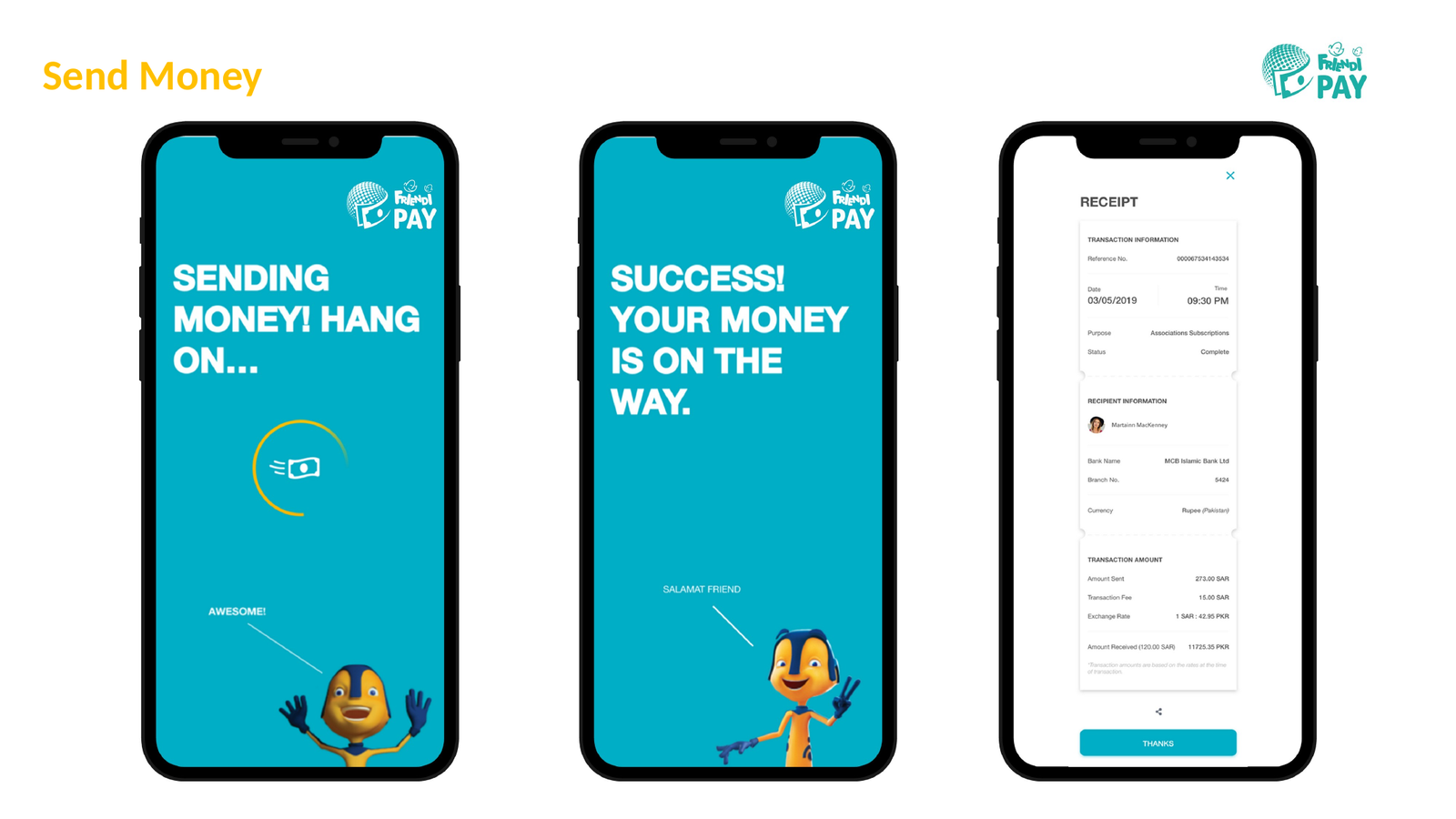 Friendi Pay success and receipt screens