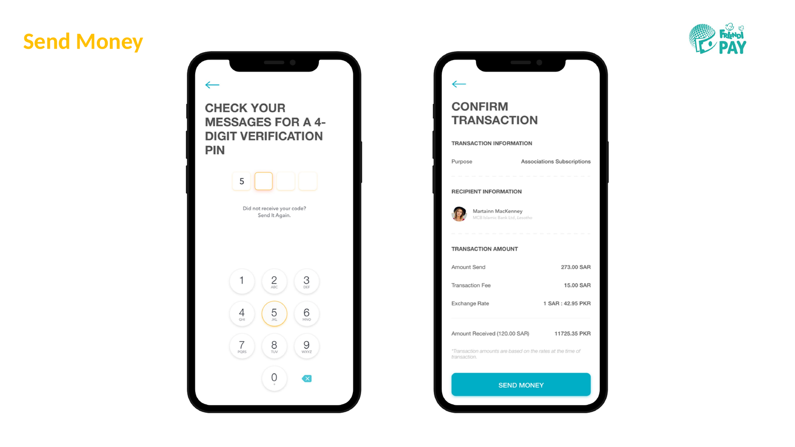 Friendi Pay transfer confirmation screens