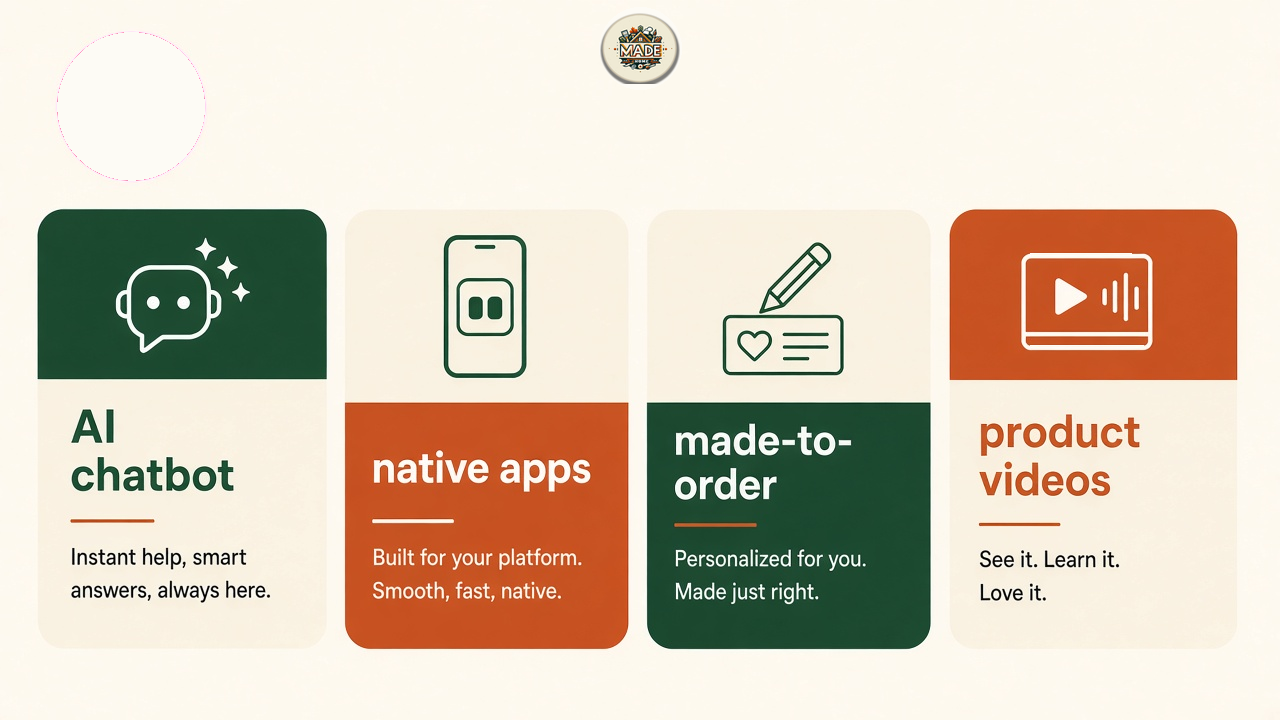 Made At Home feature cards for AI chatbot, native apps, made-to-order, and product videos