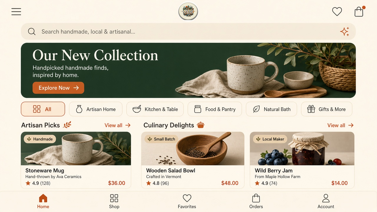 Made At Home mobile marketplace home screen