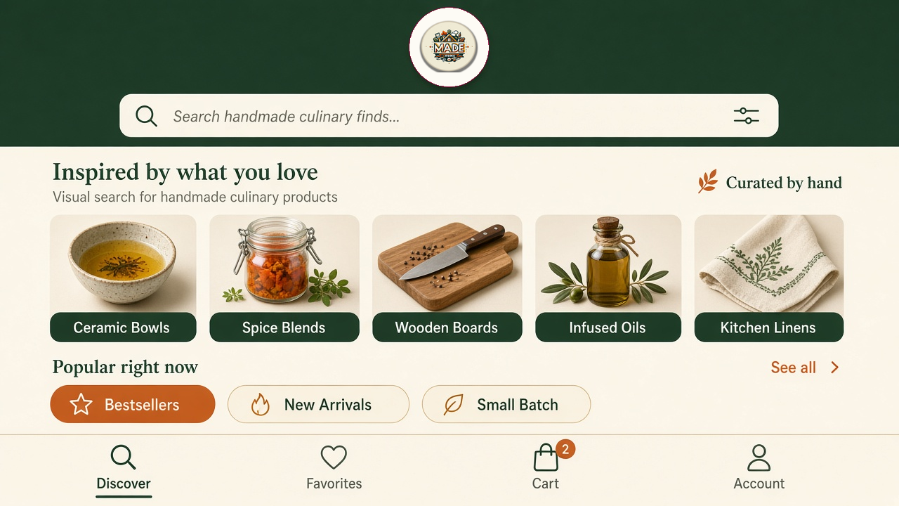 Made At Home visual search screen for handmade culinary products