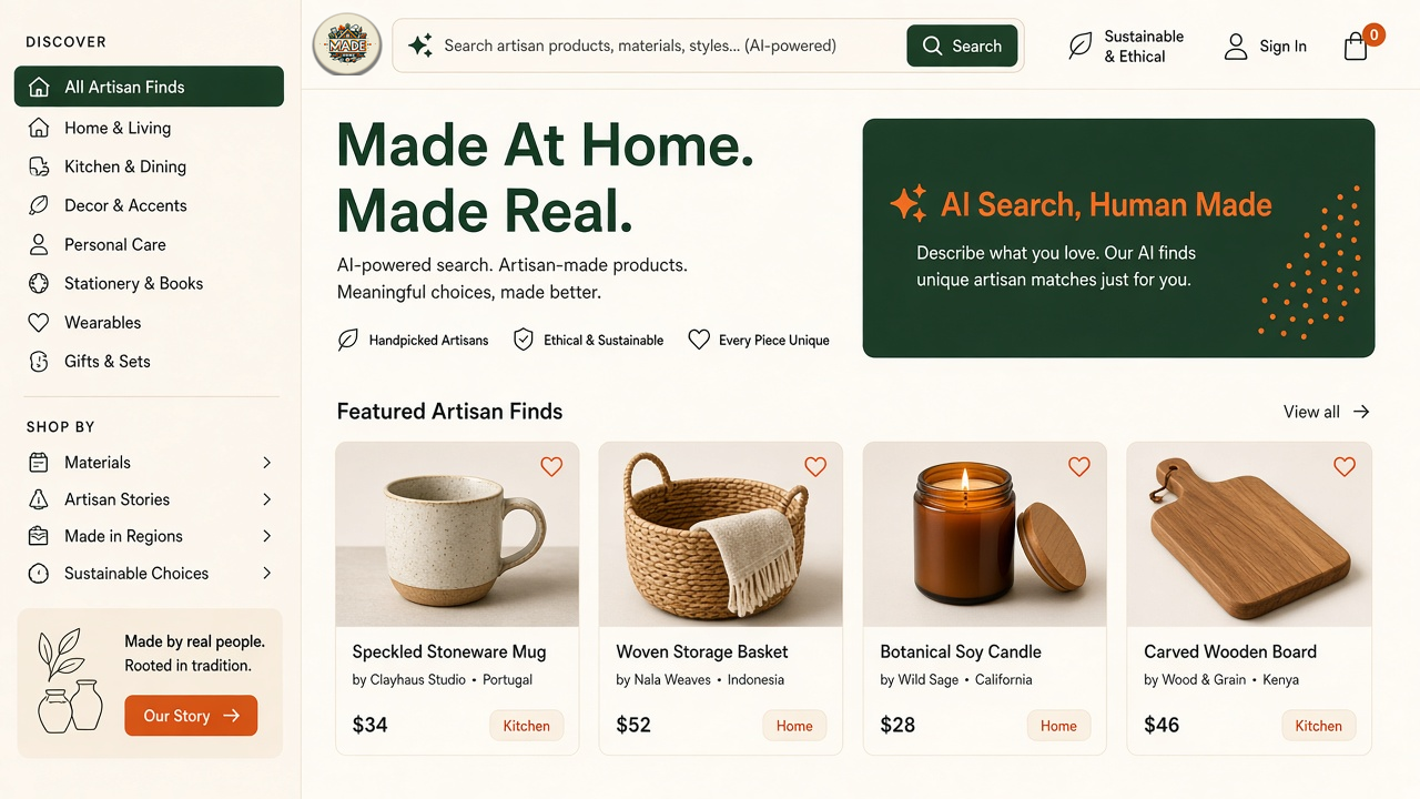 Made At Home web marketplace with AI search and artisan product cards