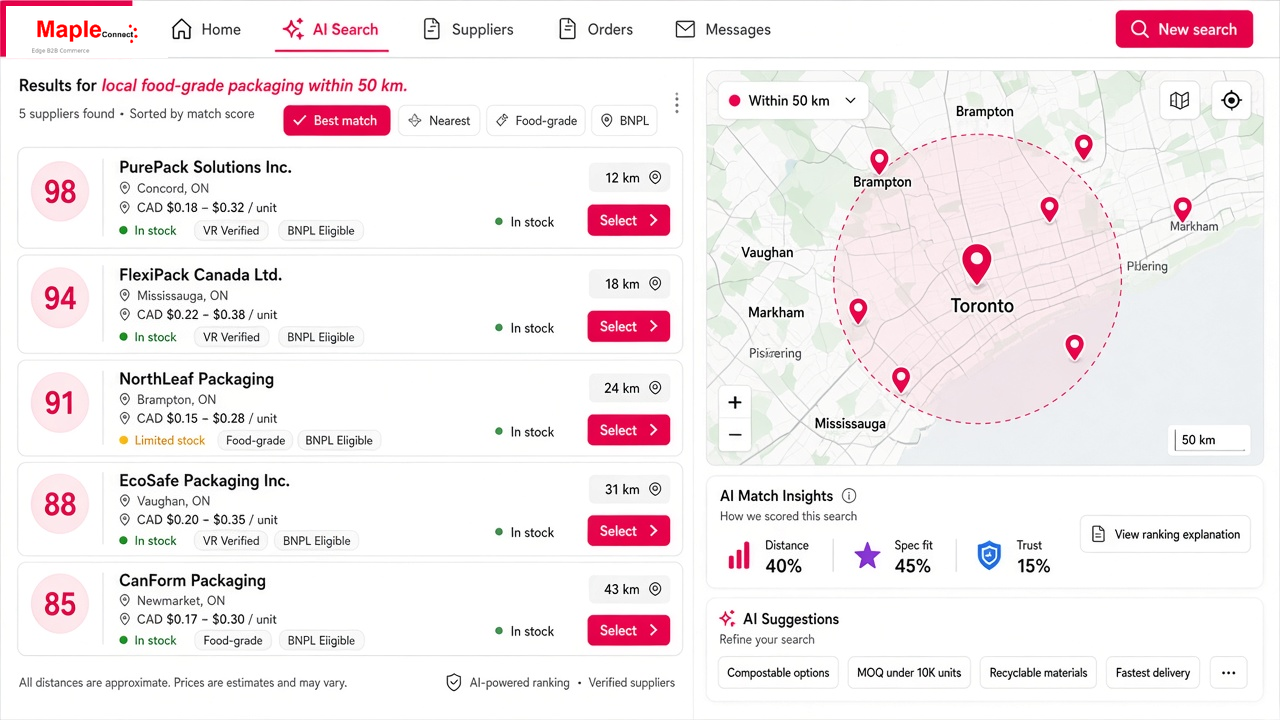Maple Connect AI supplier search results