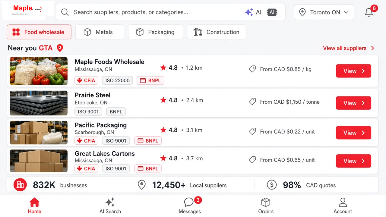 Maple Connect buyer home marketplace screen