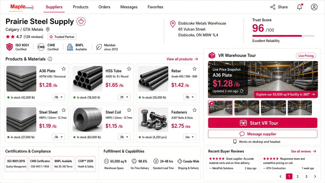 Maple Connect supplier profile with VR warehouse tour