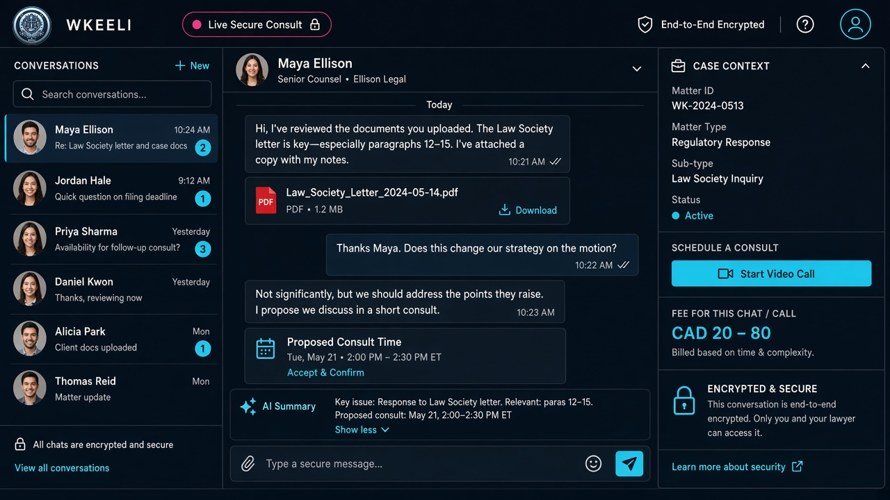 WKEELI secure messaging and video consult screen